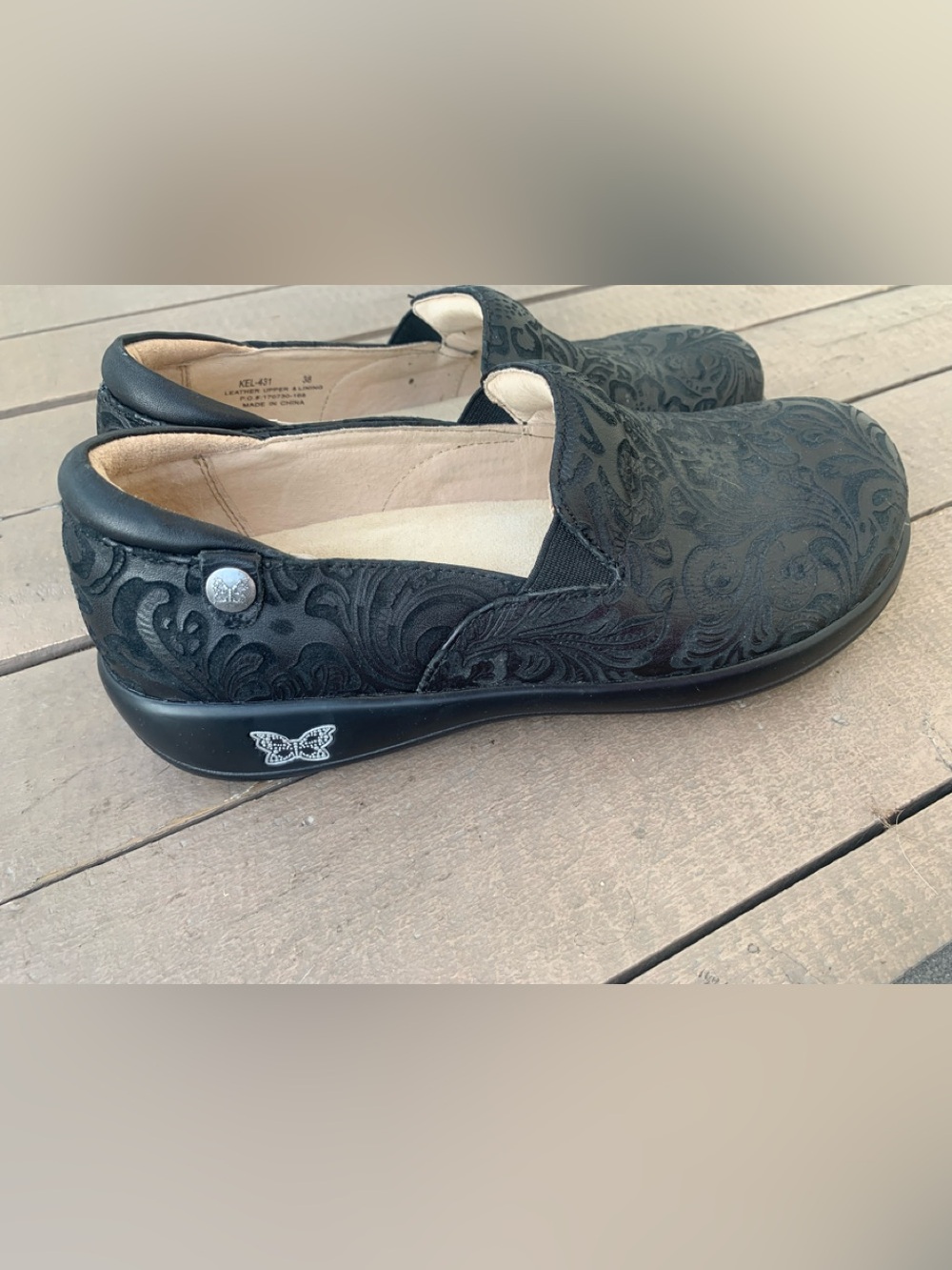 Alegria Black Embossed Slip-On Loafer with Butterfly Accent